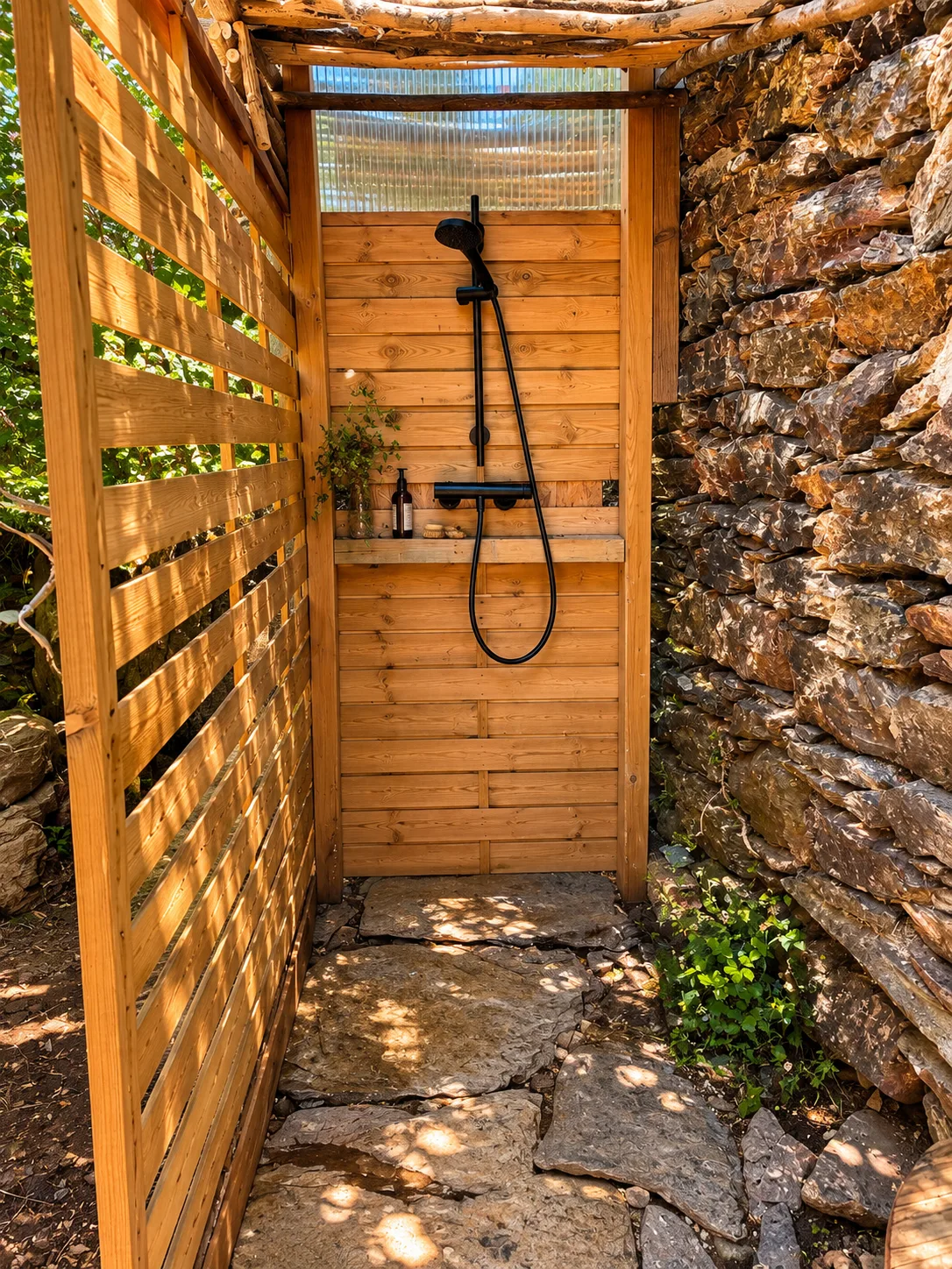Douche à ciel ouvert, eau chaude (commune aux 2 tipis)